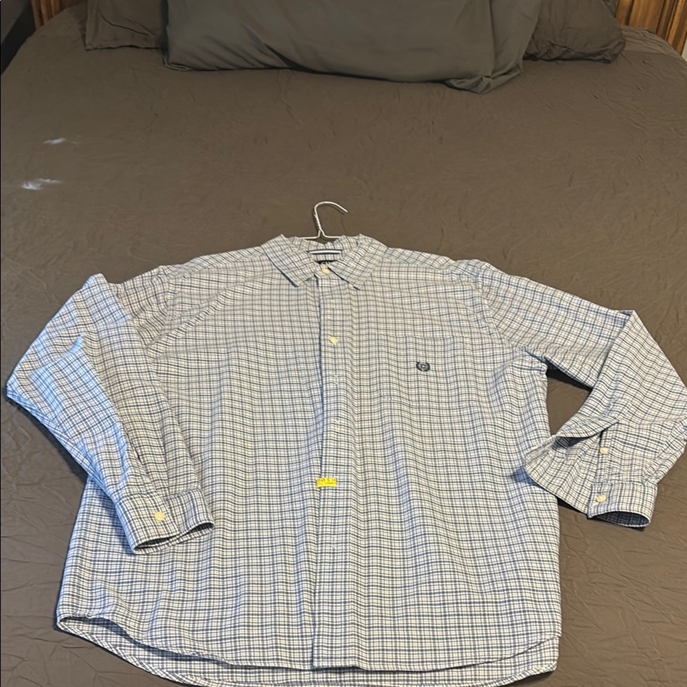 Chaps Blue and White Checkered Dress Shirt with Pointed Collar